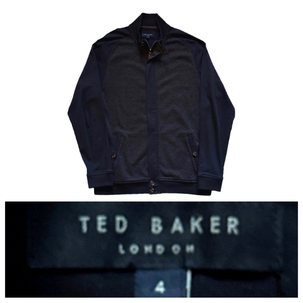 TED BAKER LONDON FULL ZIP MEN’S COTTON BOMBER STYLE KNITWEAR JACKET NAVY GRAY